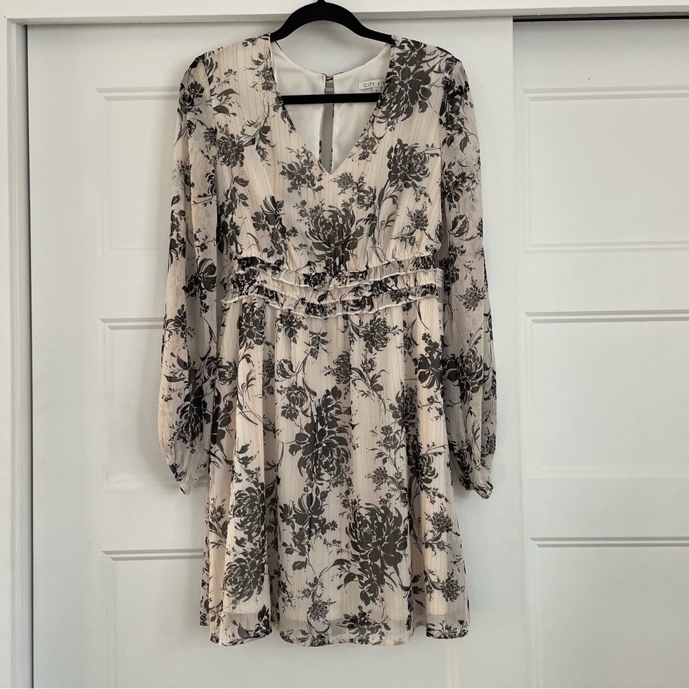 White & Black Floral City Vibe Mini Dress